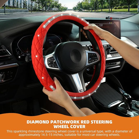 Diamond Steering Wheel Cover，with Bling Crystal Rhinestone, Delicate and Anti-Slip Sparkly Steering Wheel Cover ，Adaptable to 14.5-15 inches Car Wheel Protector for Women Girl，Car Accessories, Red
