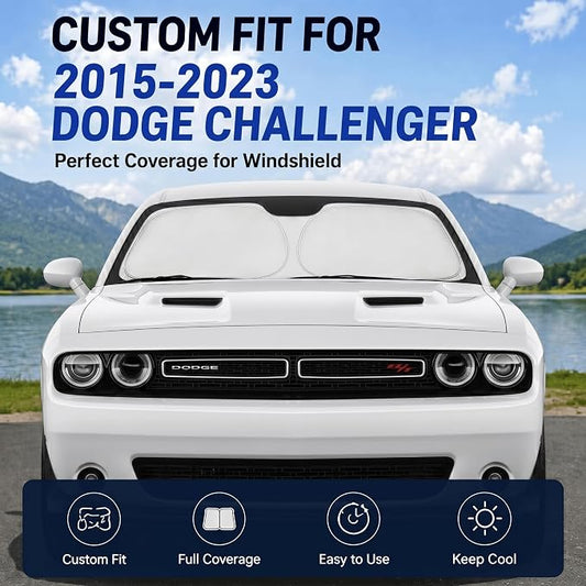Custom Fit Windshield Sun Shade for Dodge Challenger 2015-2026 | Custom Fit Windshield Cover, Blocks UV Rays, Double-Layer Heat Shield, Durable Frame, Easy Fold & Storage