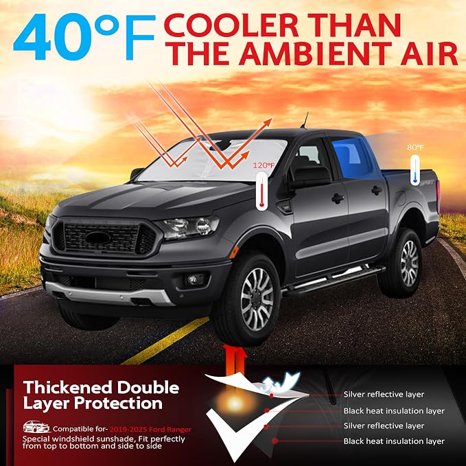 KAYZT Windshield Sun Shade for 2019-2025 2026 Ford Ranger Foldable Sunshade Front Window Custom Fit Car Accessories