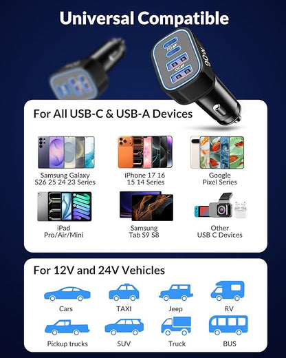 90W Fast Car Charger USB C, 2 Pack 4-Port Cigarette Lighter USB Charger Super Fast Charging, Multiport Car Phone Charger Accessories for iPhone 17/16/15/14/13/12 Pro Max, iPad, Galaxy, Tablet, Android