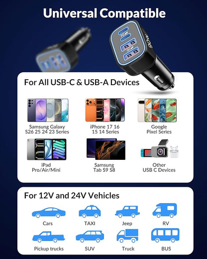 90W 4-Port USB C Super Fast Car Charger for Samsung Galaxy S26/S25/S24/S23/S22 Ultra, iPhone 17/16/15 Pro Max, Android, Type C Fast Charging Car Phone Charger Adapter Accessories + 3FT USB-C Cable