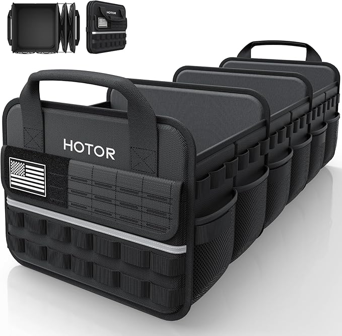 HOTOR Tactical Car Trunk Organizer - Foldable Trunk Organizer for SUV with Front MOLLE Pocket & Reflective Strips, Essential Car Accessories for Tools & Outdoor Storage, 15.0" x 31.5" x 11.0", Black