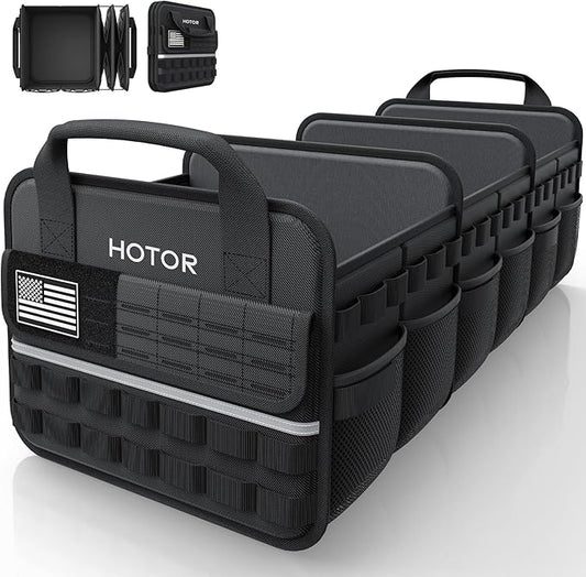 HOTOR Tactical Car Trunk Organizer - Foldable Trunk Organizer for SUV with Front MOLLE Pocket & Reflective Strips, Essential Car Accessories for Tools & Outdoor Storage, 15.0" x 31.5" x 11.0", Black
