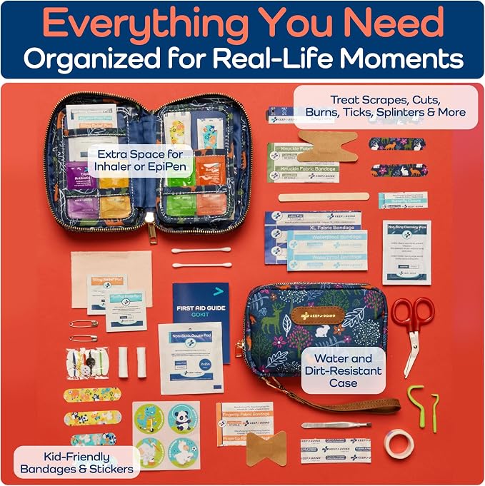 KeepGoing Travel First Aid Kit for Kids – 130 Pc. for Car, Home, Purse, Diaper Bag & Backpack with Latex-Free Bandages - Mini First Aid Kit Travel Size TSA-Approved