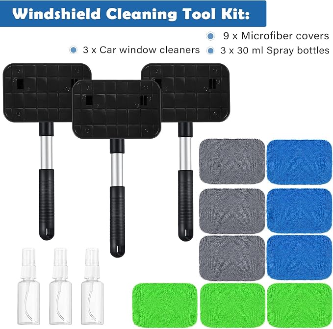 Frienda 3 Set Windshield Cleaner Tool Inside Car Window Cleaner Tool with 3 Extendable Handle 9 Reusable Microfiber Pads and 3 Spray Bottles for Auto Home Interior Exterior Glass Cleaning (Multicolor)
