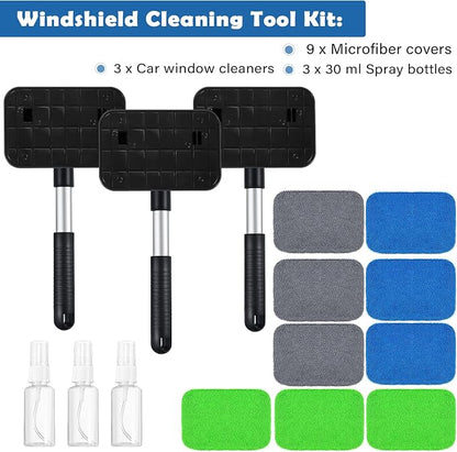 Frienda 3 Set Windshield Cleaner Tool Inside Car Window Cleaner Tool with 3 Extendable Handle 9 Reusable Microfiber Pads and 3 Spray Bottles for Auto Home Interior Exterior Glass Cleaning (Multicolor)