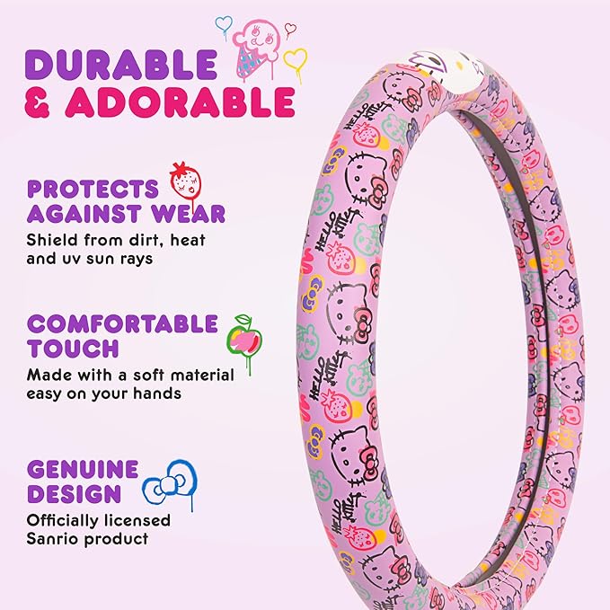 Hello Kitty Steering Wheel Cover, Official Sanrio Car Steering Wheel Cover with Universal Size 14.5-15.5, Cute Steering Wheel Cover for Women, Hello Kitty Car Accessories (Lavender Print)