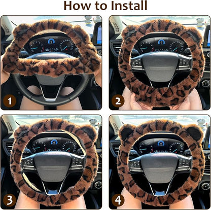 Accmor Fuzzy Car Steering Wheel Cover, Warm Fluffy Leopard Steering Wheel Cover with Cute Ears, Soft Plush Furry Car Accessories Decor for Women, Non-Slip Universal 15 inch Fit Vehicle, Truck, SUVs