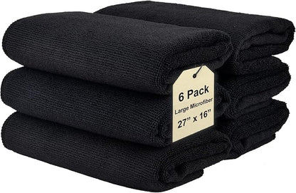 Cleaning Towel Wash-Cloth - Large 27" x 16" Microfiber Rags - Highly Absorbent, Lint Free Streak Free for House, Kitchen, Car, Window Detailing Reusable Shop Towels (6-Pack, Black)