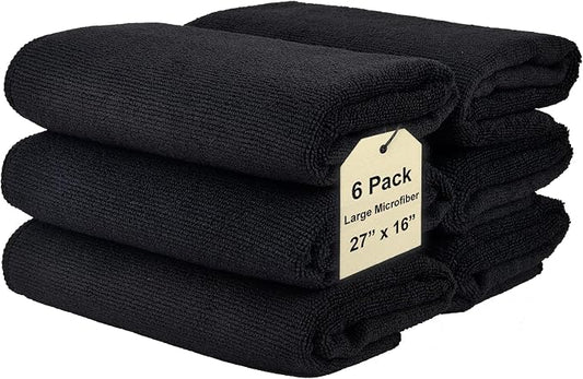 Cleaning Towel Wash-Cloth - Large 27" x 16" Microfiber Rags - Highly Absorbent, Lint Free Streak Free for House, Kitchen, Car, Window Detailing Reusable Shop Towels (6-Pack, Black)