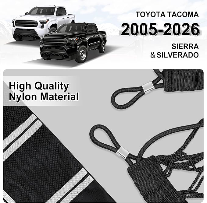 Amiss Truck Bed Cargo Net with Side Organizer, Compatible with Toyota Tacoma 2005-2025 2026, Portable Storage for Pickup Cargo and Heavy Duty Hook, Exterior Accessories for Car SUV Truck