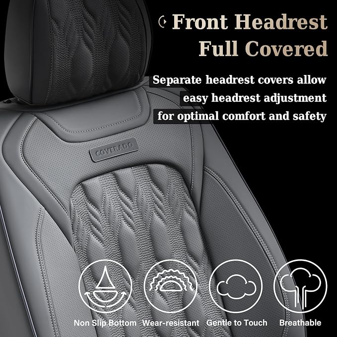 Coverado Car Seat Cover Full Set, Waterproof Front and Back Seat Covers for Cars, 5-Pack Leather Seat Covers, Car Seat Protectors, Driver Seat Cushions Fit for Most Vehicles Gray