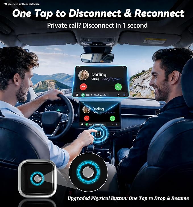 2026 Upgraded Wireless CarPlay Adapter with Buttons for Privacy Call & Two-Phone Fast Switch, Aluminum Cooling, Dual-Band WiFi, Mini Cable-Free, Compatible with Apple CarPlay & Android Auto, Gray