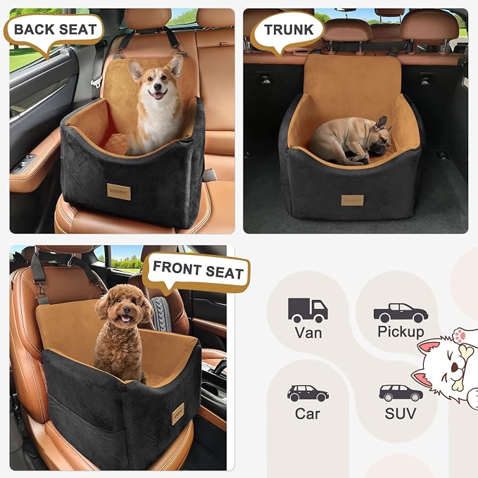 JOEJOY Dog Car Seats for Small Medium Dogs Under 35lbs, Dog Booster Seat with Detachable Washable Cover and Cushion, Memory Foam Pet Car Seat with Safety Belt and Storage Pockets (Brown)
