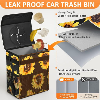 Vankor Car Trash Can for Car Cute,Bag Bin Hanging Waterproof Automotive Garbage Cans Leak Proof Vehicle Trash Can Sunflower