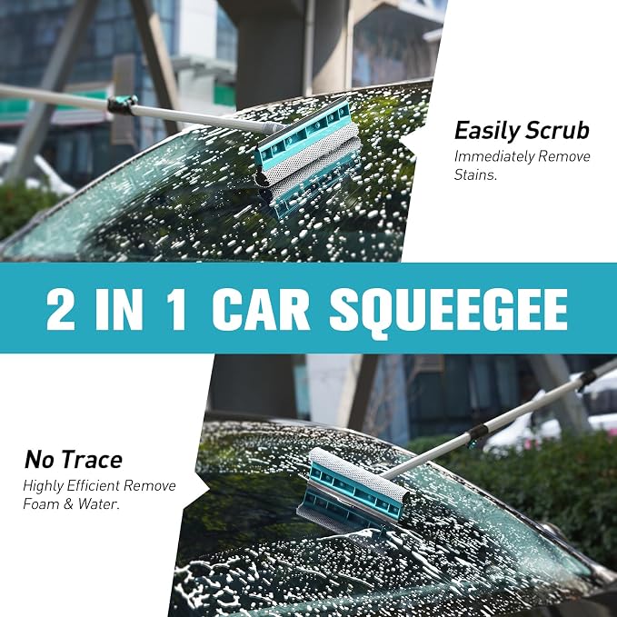 TelesPro Car Wash Brush with 3 Replaceable Brush Heads - Soft Car Brush, Chenille Car Wipe, Window Squeegee, Chenille Glove & 2 Microfiber Towel - Extension Pole Not Included.