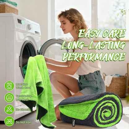 PUGPIU Car Drying Towel - 1400GSM Extra Large Super Absorbent Microfiber Towels for Cars 24"x36" - Large Edgeless with Twisted Loop, Lint-Free & Streak-Free for Auto Detailing, SUV, Truck (Green)