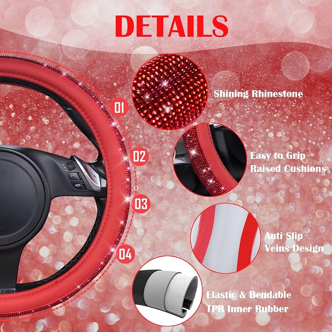 CAR PASS Bling Diamond Leather Steering Wheel Cover, with Bling Sparkly Crystal Glitter Rhinestones Universal Fit 14" 1/2-15" Car Wheel Protect for Women Girl Fit Suvs,Vans,Sedans,Cars,Trucks, Red
