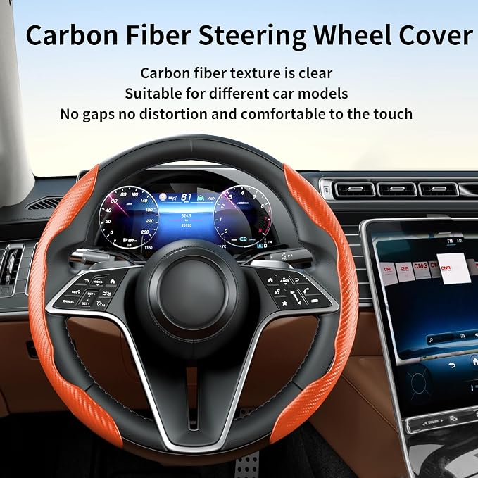 Carbon Fiber Steering Wheel Cover, 2-Piece Set Anti-Skid Comfortable Grip Segmented Butterfly Design, Easy Snap-On Installation Universal Fit 99% Cars, Orange