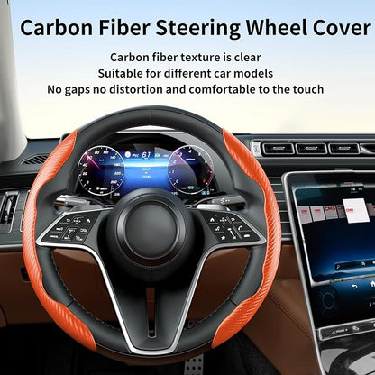 Carbon Fiber Steering Wheel Cover, 2-Piece Set Anti-Skid Comfortable Grip Segmented Butterfly Design, Easy Snap-On Installation Universal Fit 99% Cars, Orange