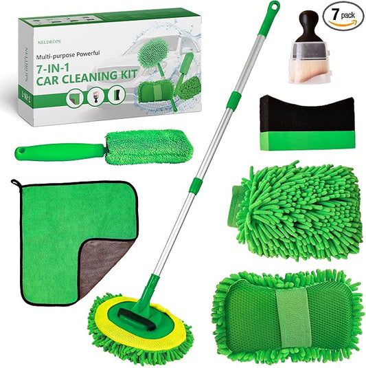 7-in-1 Car Detailing Kit - Powerful Multi-Purpose Complete Auto Cleaning Set with Telescopic Mop, Microfiber Mitt, Towel, Wheel & Interior Brushes