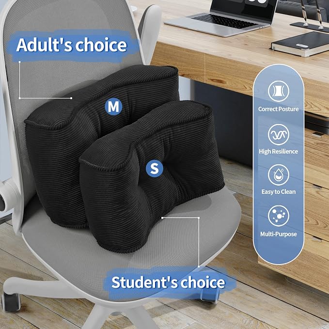 Lumbar Support Pillow for Study Desk Chair, Bite-Size Natural Latex Foam Back Support Pillow for Lower Back Pain Relief, Soft & Support Corduroy Office Chair Cushion, S, Black