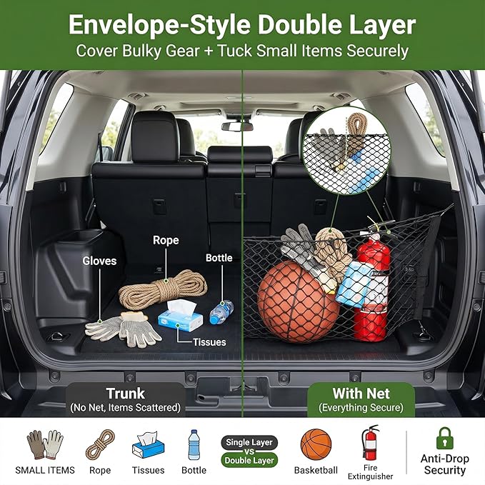 Trunk Cargo Net for 2010-2024 Toyota 4Runner 2 Row Model Only, Trunk Organizer Net Anti-Slip Rear Mesh Cargo Netting for 4 Runner SUV Accessories(Envelope Style)