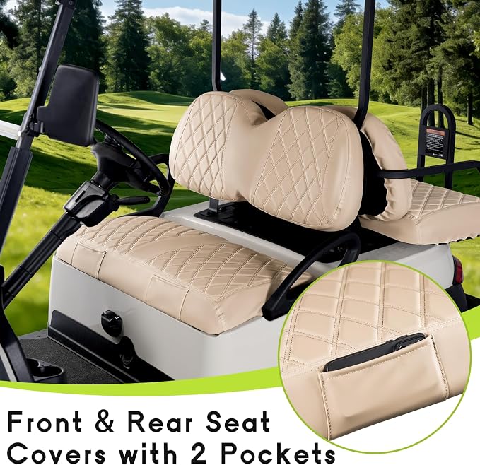 Full Set Golf Cart Seat Covers for Club Car Tempo OEM, Beige | Front & Rear Set (2-Piece), Premium Vinyl Leather Replacement Standard Cushion Covers, No Tools Needed & Easy to Clean