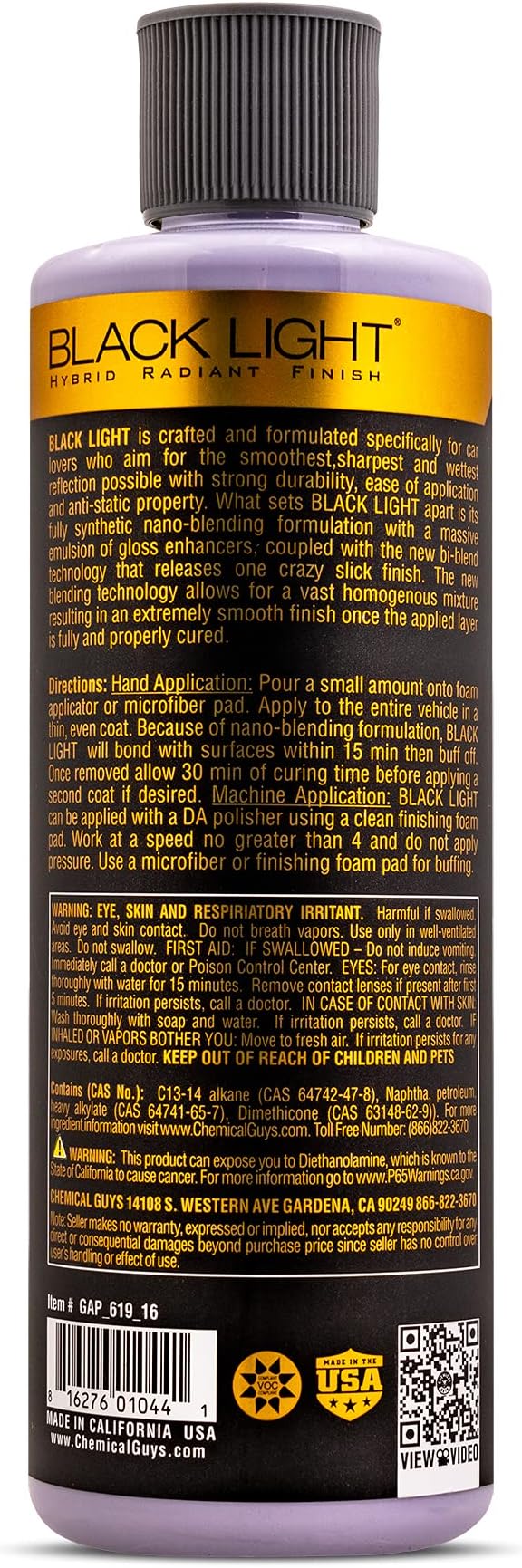 Chemical Guys Black Light Hybrid Radiant Finish - Premium Glaze and Car Sealant for Black and Dark Colors - Enhances Depth, Gloss & Protection on Cars, Trucks, SUVs & More, 16 fl oz Bottle