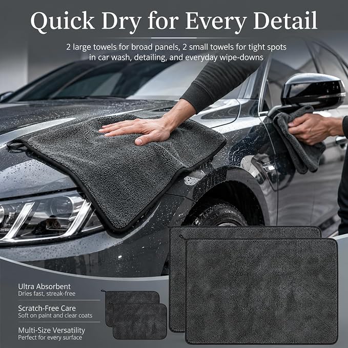 4 Pcs Car Drying Towel Set, 35.4 x 23.6 in & 15.7 x 11.8 in Microfiber Drying Towels, Thick Twisted-Loop Highly Absorbent Quick Dry Cloth for Car Wash, Detailing, Home & RV Use, Gray
