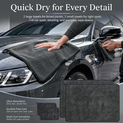 4 Pcs Car Drying Towel Set, 35.4 x 23.6 in & 15.7 x 11.8 in Microfiber Drying Towels, Thick Twisted-Loop Highly Absorbent Quick Dry Cloth for Car Wash, Detailing, Home & RV Use, Gray