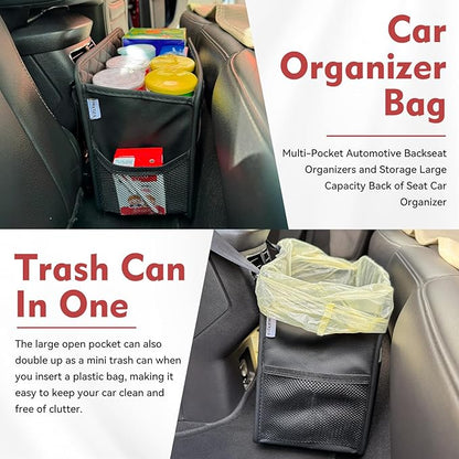 Witaxima Upgraded Extra Large Car Seat Organizer Backseat with 3 Storage Pockets, Multipurpose Car Organizer Hanging Car Trash Bag Can Premium PU Leather Garbage Can 3 Gallon Large Capacity, Black.