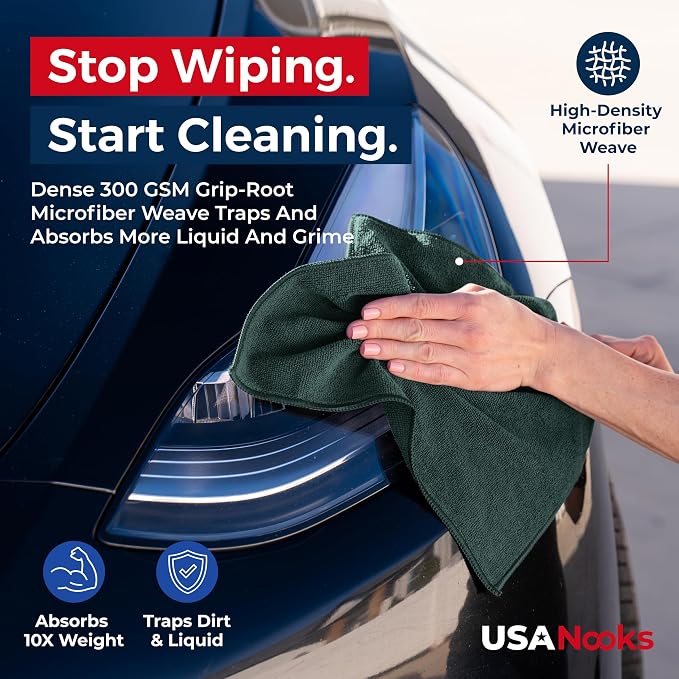 USANOOKS Premium 300GSM Microfiber Cleaning Cloth - 12.5"x12.5" High Performance - 1200 Washes, Ultra Absorbent Microfiber Towels for Cars Undercarriage, Rims & Engine Bay Cleaning - Microfiber Cloth