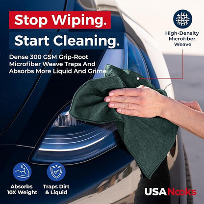 USANOOKS Premium 300GSM Microfiber Cleaning Cloth - 12.5"x12.5" High Performance - 1200 Washes, Ultra Absorbent Microfiber Towels for Cars Undercarriage, Rims & Engine Bay Cleaning - Microfiber Cloth