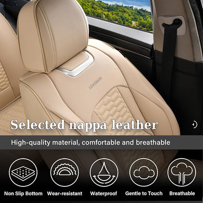 Coverado Car Seat Covers Full Set, Nappa Leather Seat Covers for Cars, Waterproof Automotive Car Seat Covers Interior Accessories Universal Fit Most Sedans, SUVs, Pick-up Trucks(Beige)