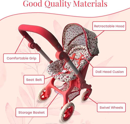 Baby Doll Car Seat Stroller Combo – Convertible 2 in 1 Doll Stroller and Car Seat for Kids – Fits Up to 20” Dolls – Play Toy Baby Stroller with Adjustable Handle for Girls Toddlers All Ages (Floral)