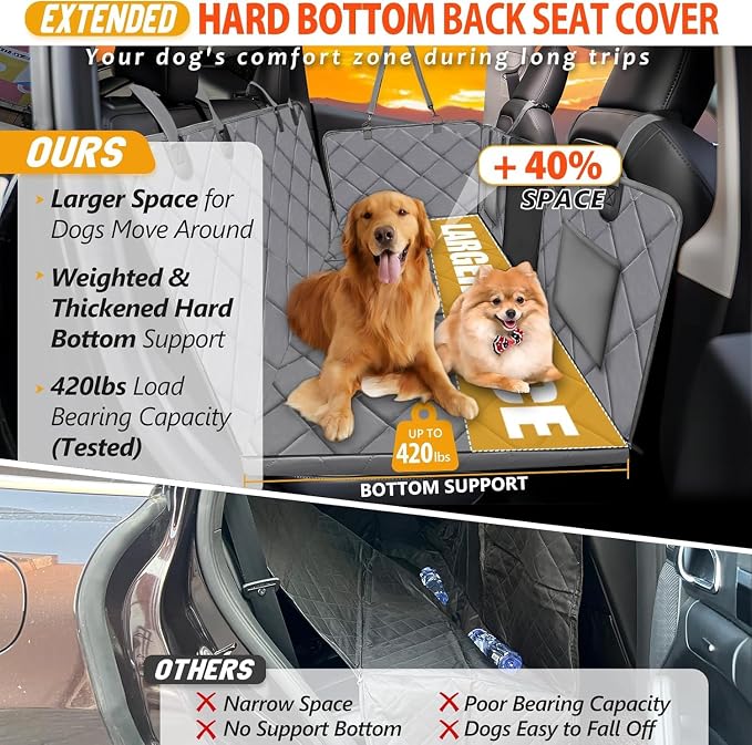 Back Seat Extender for Dogs-Large Space, Dog Car Seat Cover Hard Bottom Holds 420lb, Sturdy Backseat Extender for Dogs, Upgraded Waterproof Pet Car Bed Dog Hammock for Car, SUV, Truck, Grey