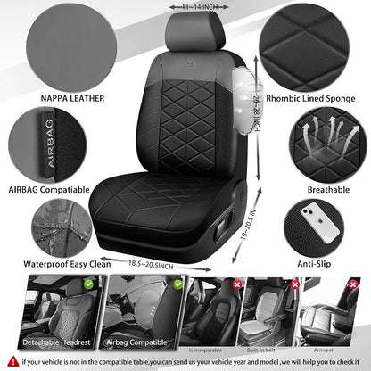 CAR PASS Memory Foam Leather Front Seat Covers, Perforated Nappa Leather Seat Covers Front Seats Universal Fit for Cars,SUV,Truck Seat Covers Thick 3D Foam Comfortable, Airbag Compatible Black Gray