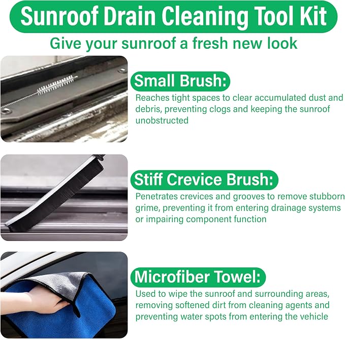 ecocstm Auto Sunroof Drain Cleaning Tool, 120 Inch Flexible Drain Brush, Sunroof Drain Cleaner with Pipe Cleaning Brush, Syringe Hose and Crevice Brush, Cleaning Tool for Drains, Sewers, Windshields