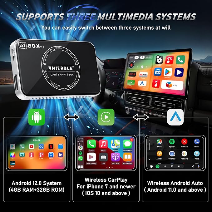 VNILRGLE 4-in-1 Wireless CarPlay Adapter & Android Car Wireless Adapter, Compatible with Streaming Services Like Netflix and YouTube, Split-Screen and Mirroring Functions(Silver)