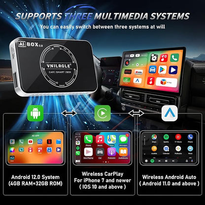 VNILRGLE 4-in-1 Wireless CarPlay Adapter & Android Car Wireless Adapter, Compatible with Streaming Services Like Netflix and YouTube, Split-Screen and Mirroring Functions(Silver)