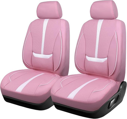 CAR PASS Nappa Leather Car Seat Covers, Cute Girly Water Resistant 3D Foam Faux Leather Seat Covers, Lumbar Support Automotive Seat Covers 2 Front Seats, Universal Fit for Cars SUV, Cute Pink White