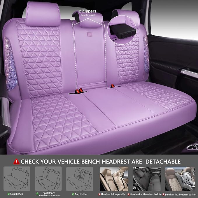 CAR PASS Light Purple Bling Diamond Leather Car Seat Covers Full Sets, Waterproof Shining Glitter Sparkly Crystal Universal Armrest Fit for Automotive Truck SUV Cute Women Girl,Lavender Rhinestone