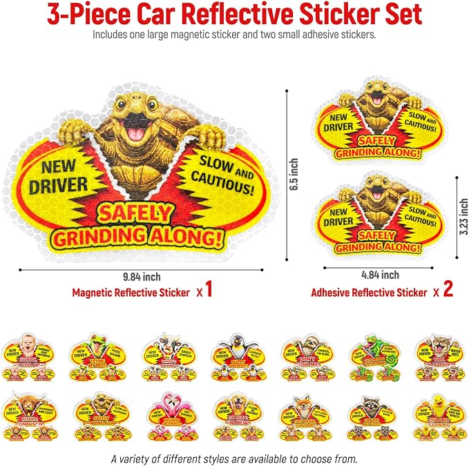 3 Pcs Reflective Student Driver Magnet and Stickers Set - Funny Animal New Driver Safety Signs for Car, Waterproof & Weatherproof High Visibility Vehicle Bumper Decals, Magnet + Stickers (Turtle)