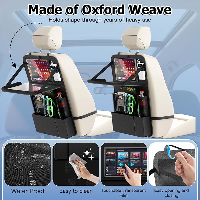 KaiCross Car Backseat Organizer with Table Holder,10 Storage Pockets Backseat Car Organizer and Storage with 600D Oxford Cloth,Travel Essentials,Kick Mats Back Seat Protector-2 Pack