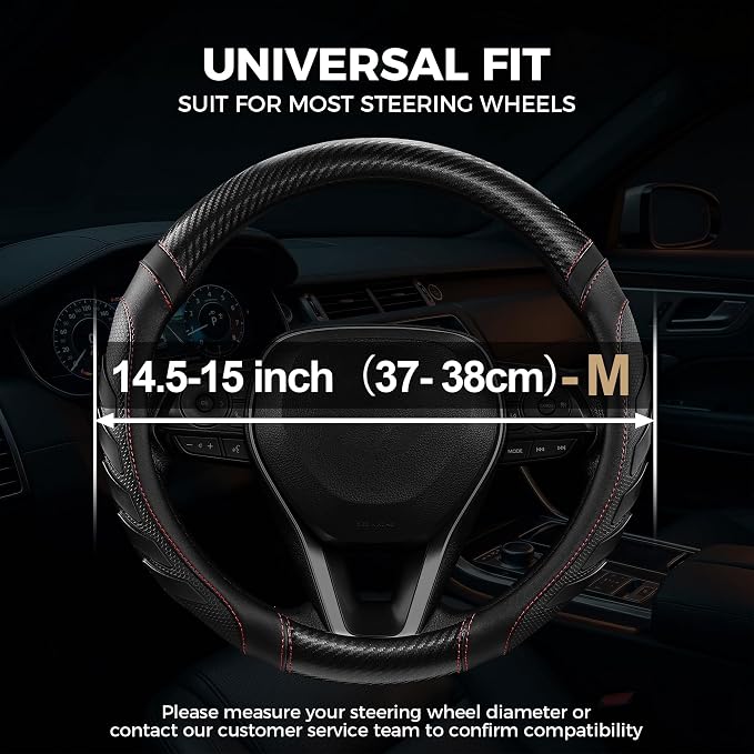 West Llama Carbon Fiber Leather Steering Wheel Cover with Anti-Slip Grip, 3D Textured Design, 14.5-15 Inch Car Steering Wheel Cover, Durable Interior Accessory（Standard Size-Black+Red