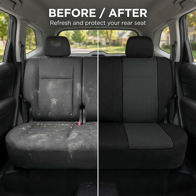 FH Group Automotive Rear Car Seat Covers for SUV, Trucks, Sedan and More - Universal Fit Front High Back & Rear Solid Bench Design Interior Accessories - 3D Mesh Fabric Center Panel - Black