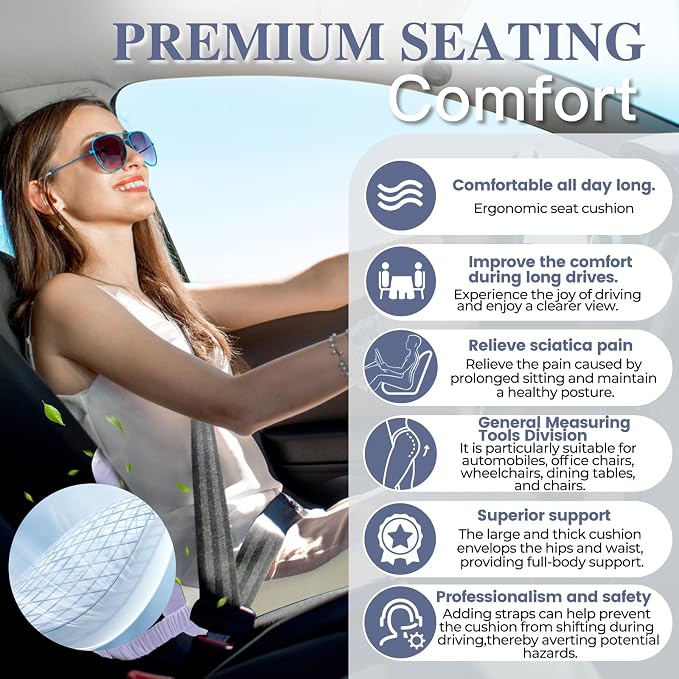 Memory Foam Seat Cushion for Sciatica & Back Pain Relief - Ergonomic Chair Pad with Adjustable Strap & Supportive Comfort Cover, Non-Slip for Car, Truck, Office Chair -Purple