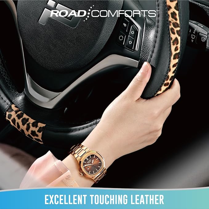 Road Comforts Steering Wheel Cover - Made with PVC Leather and Leopard Fabric - Universal 14 1/2 inches to 15 inches for Most Automotive Steering Wheel - Cheetah Print - Black