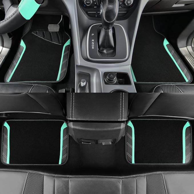 CAR PASS Leather Steering Wheel Cover and Waterproof Car Floor Mats,Microfiber Universal Car Combo Fit for 95% Sedan,SUV,Cars,14.5-15inch Sporty Anti-Slip Safety Comfortable Design(Black&Mint)